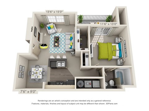 Floor plan for 1 bed, 1 bath, 698 sqft